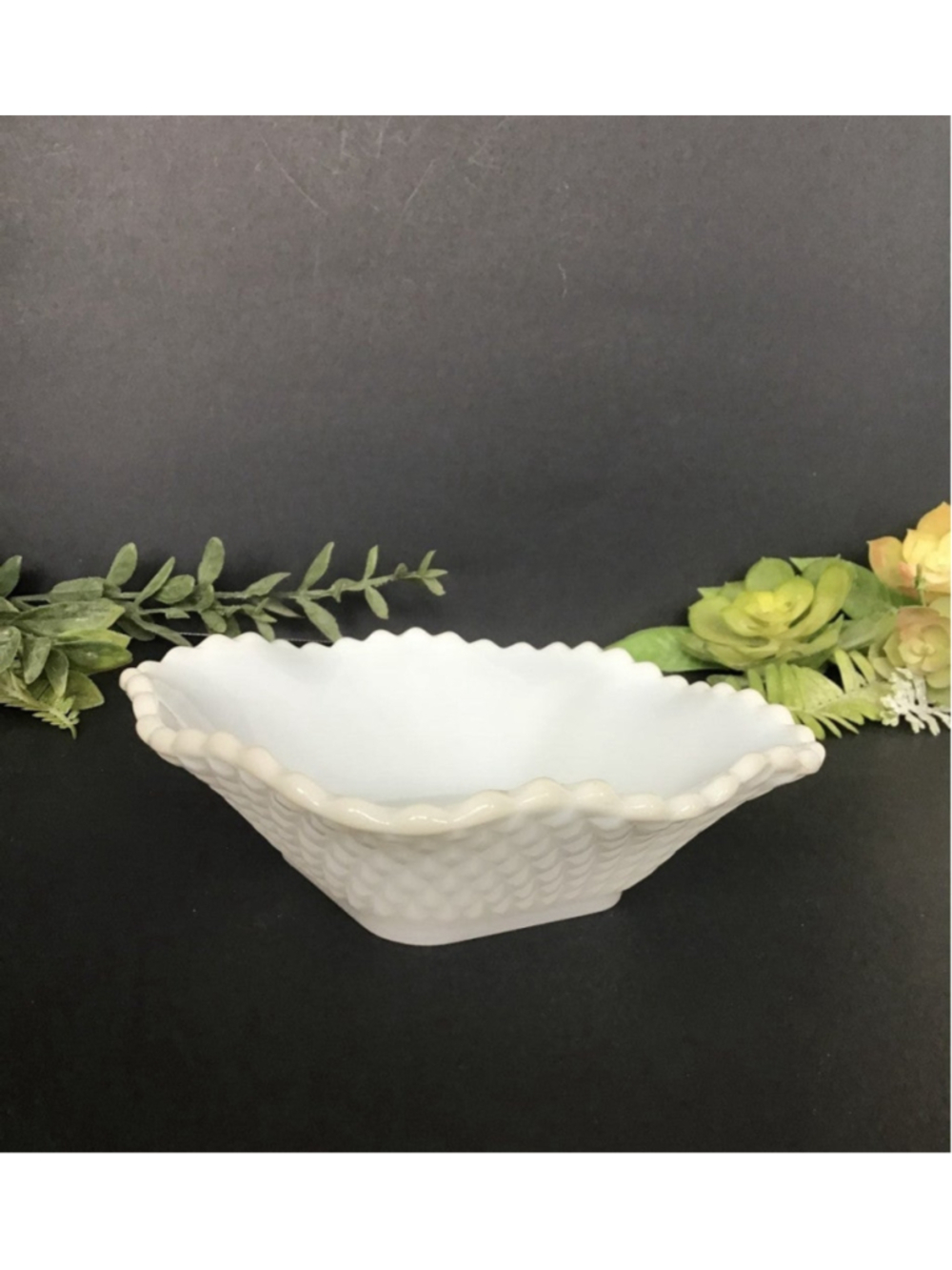 Vintage Milkglass Dish with Raised Diamond Design